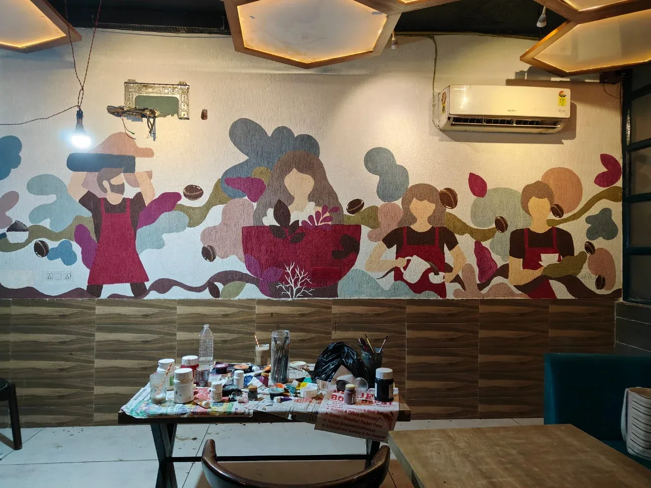 Cafe mural while painting was in progress