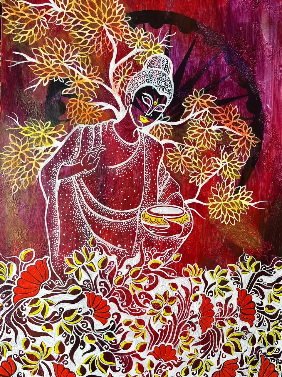 A white-outlined seated figure holding a bowl among yellow leaves and red flowers