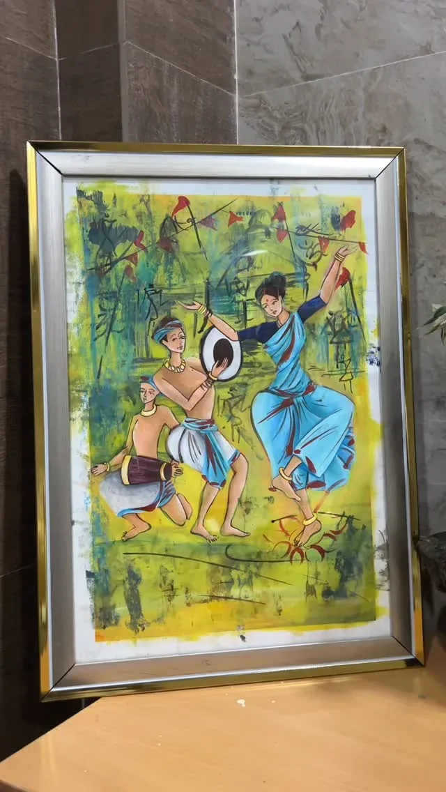 A framed painting of two figures surrounded by green foliage
