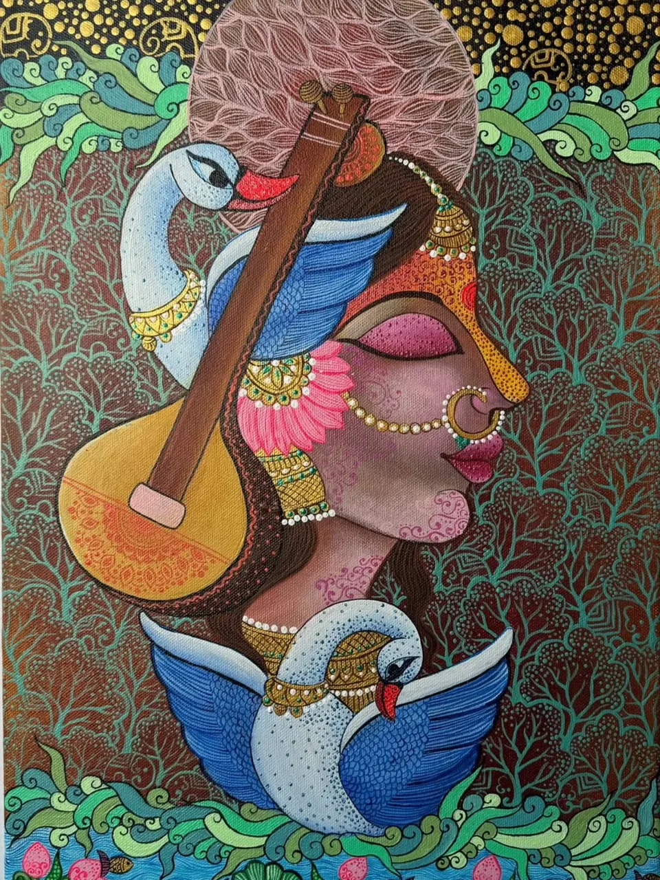 A colourful painting of a figure with a stringed instrument and swans