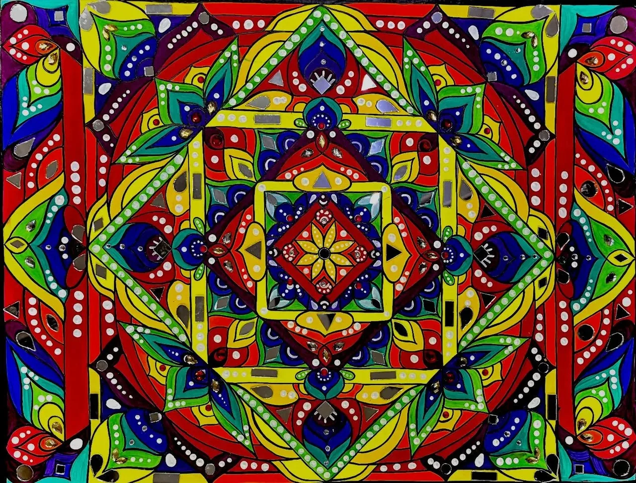A symmetrical painting of bright geometric shapes and leaf patterns