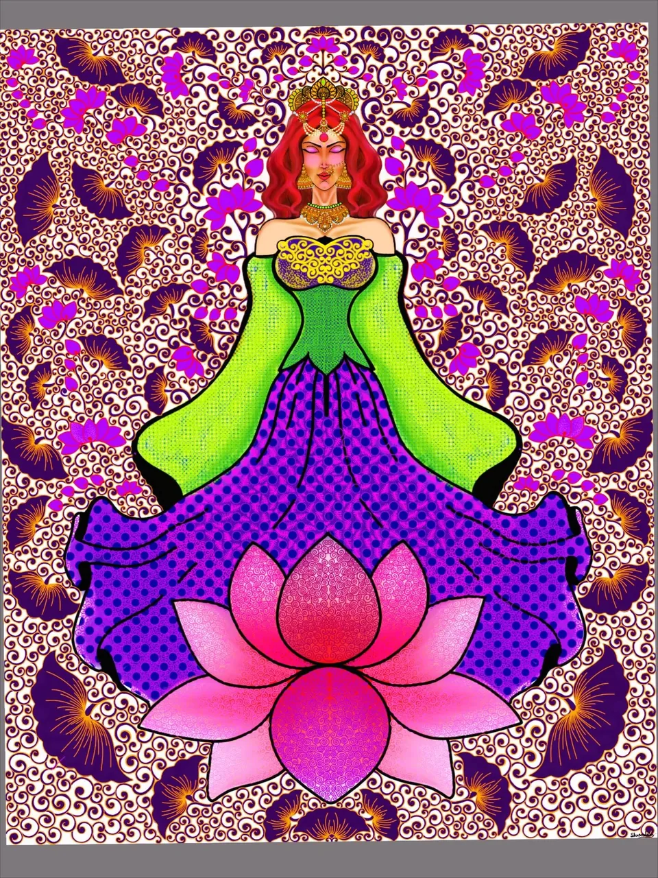 A bright green and purple figure seated above a pink lotus against detailed patterns