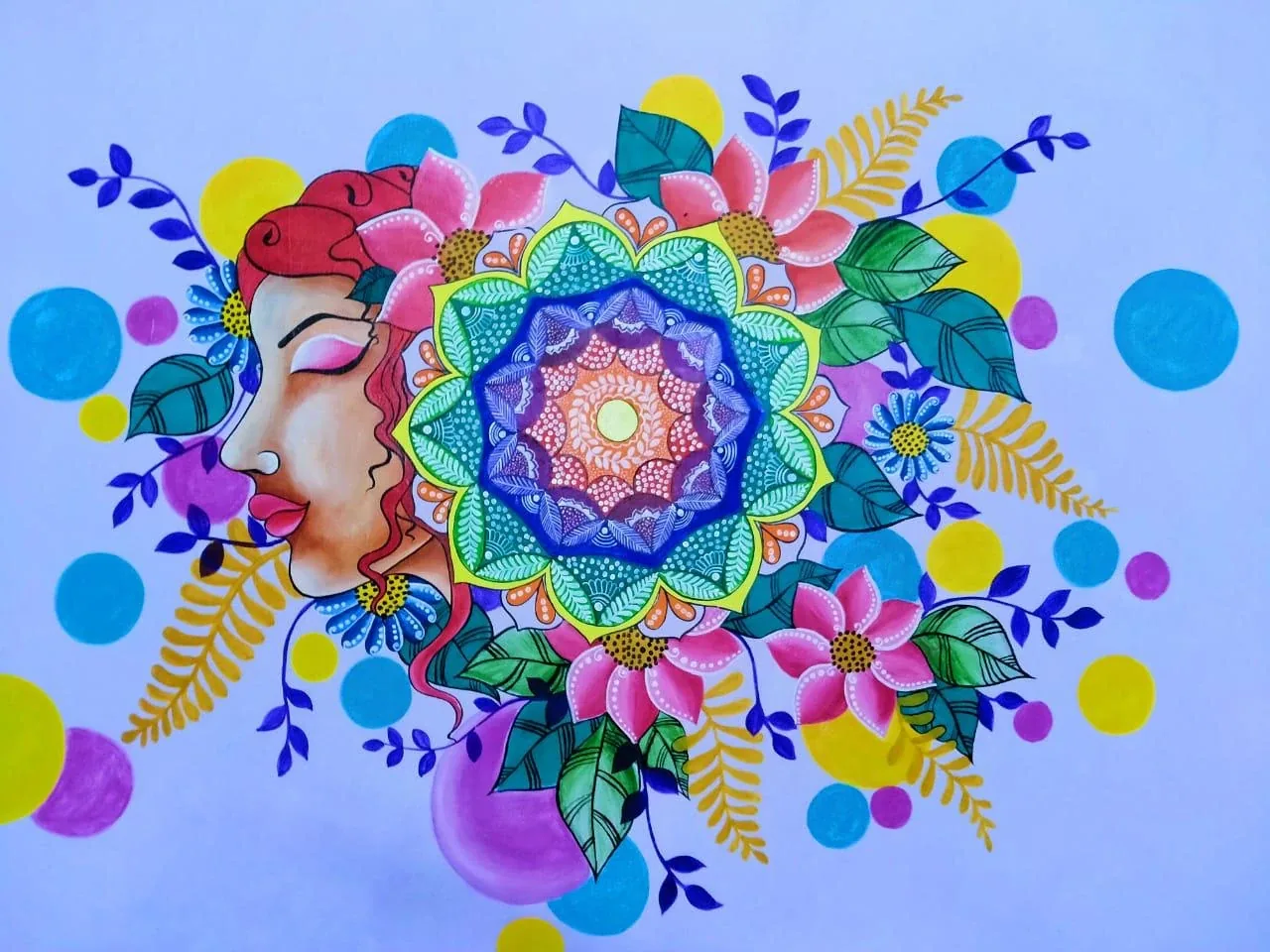 A red-haired face in profile beside a colourful mandala, pink flowers and green leaves